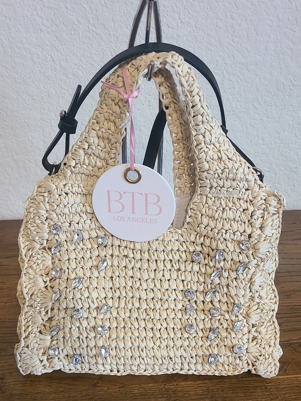 BTB Los Angeles Cream Woven Tote with Crystal Details
